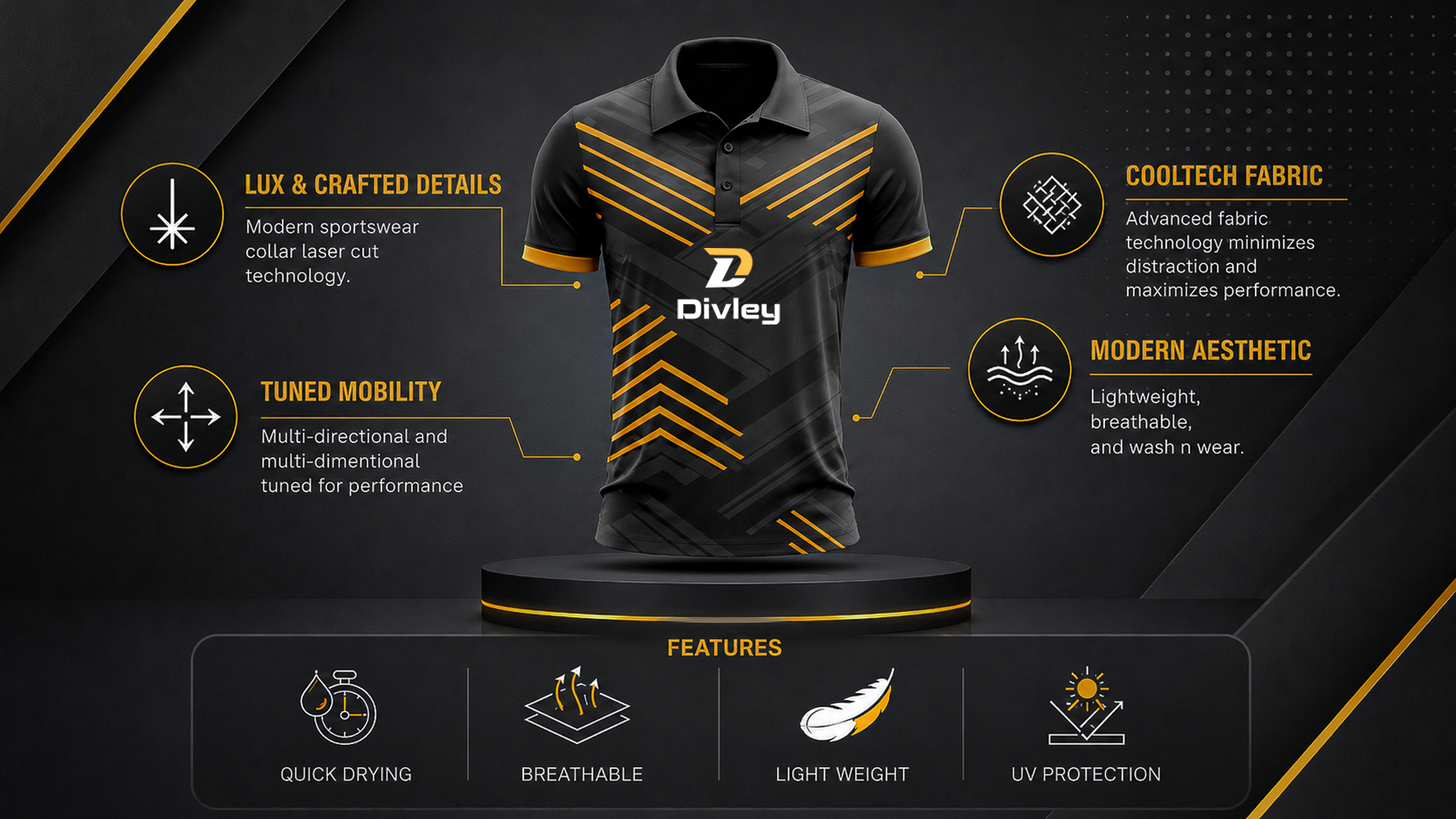 Divley performance jersey showing Cooltech fabric, tuned mobility, laser-cut collar and quick-drying construction